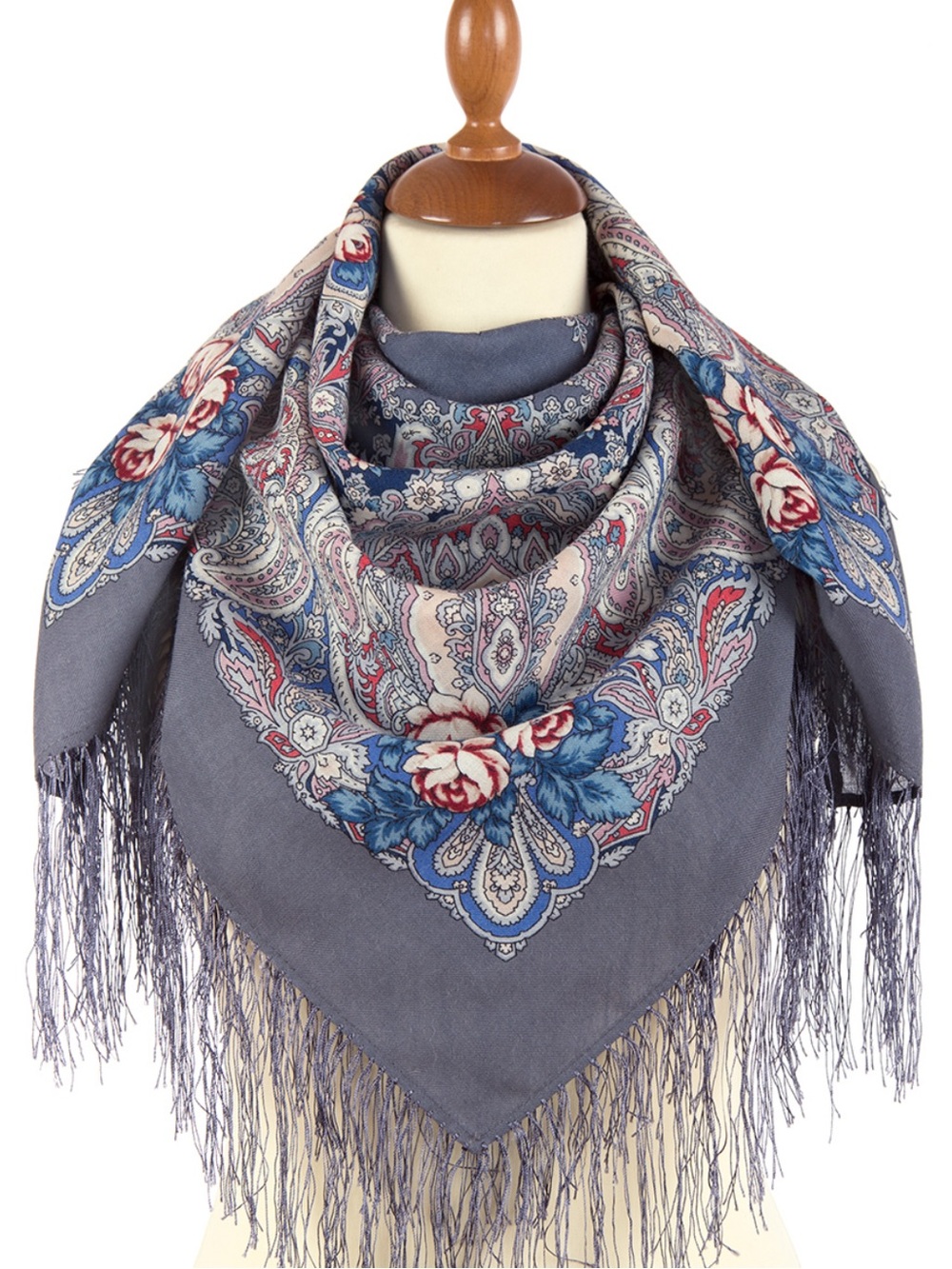 Pavlovo Posad Russian Shawl 100% Wool Gray Blue Floral Silk Fringe 89x89